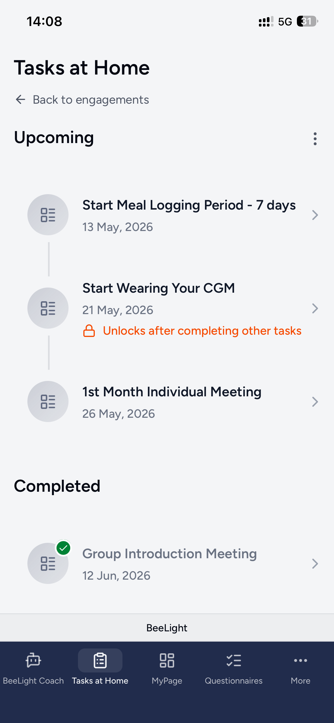 Participant app Tasks at Home screen listing upcoming and completed study tasks